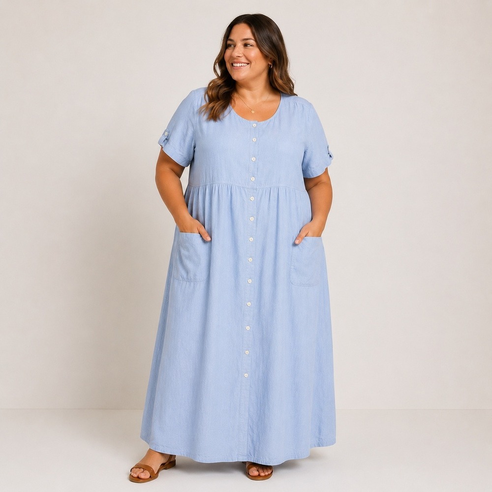 Kate & Co Womens 3X Light Blue 100% Cotton Button Front Midi Dress Pockets